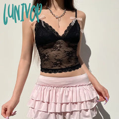 Lunivop Sexy Slim Lace Camis Tops See Through Solid Bow Deep B-Neck Sleeveless Crop Women 2024