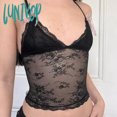 Lunivop Sexy Slim Lace Camis Tops See Through Solid Bow Deep B-Neck Sleeveless Crop Women 2024