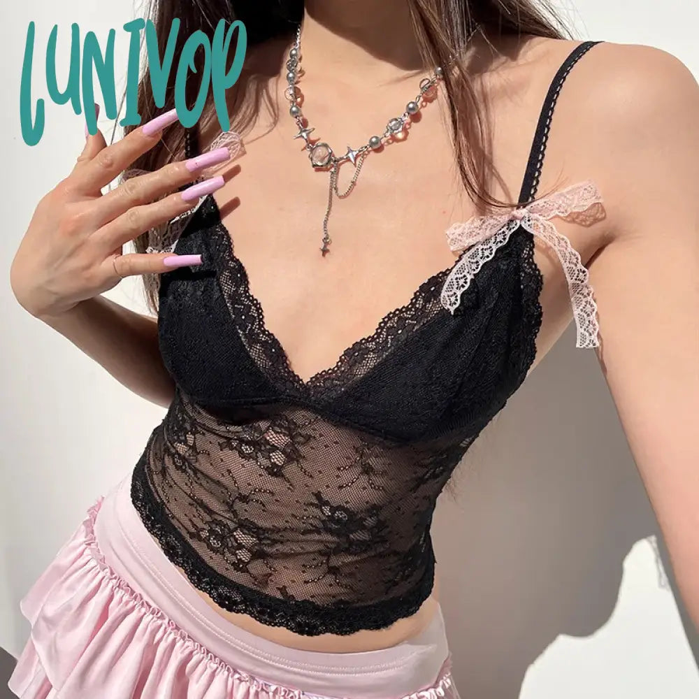 Lunivop Sexy Slim Lace Camis Tops See Through Solid Bow Deep B-Neck Sleeveless Crop Women 2024