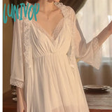 Lunivop Sexy Solid Color Mesh Peignoir Women Sweet Lace V Neck Long Nightwear Two Pieces Cute