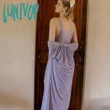 Lunivop Sexy Solid Color Mesh Peignoir Women Sweet Lace V Neck Long Nightwear Two Pieces Cute