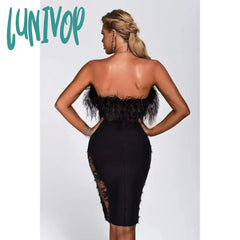 Lunivop Sexy Strapless Bodycon Feather Mesh Black Bandage Dress Elegant Women Midi Nuevo En