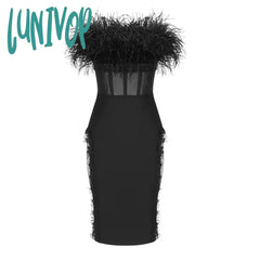 Lunivop Sexy Strapless Bodycon Feather Mesh Black Bandage Dress Elegant Women Midi Nuevo En