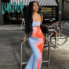 Lunivop Sexy Strapless Print Tube Maxi Dress Women Off Shoulder Backless Stretch Long Sundress 2024