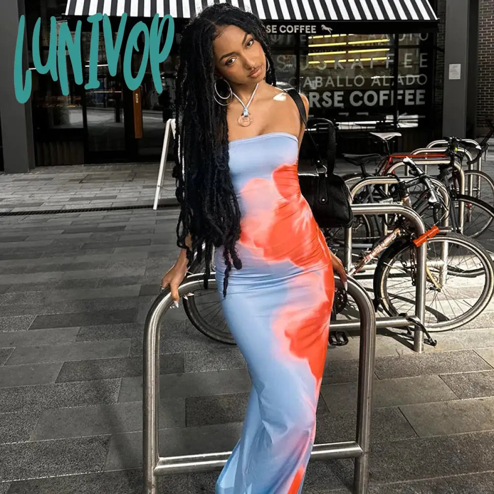 Lunivop Sexy Strapless Print Tube Maxi Dress Women Off Shoulder Backless Stretch Long Sundress 2024