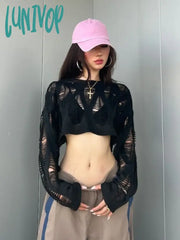 Lunivop Sexy Streetwear Crop Black T Shirts Women Y2K Hollow Knitted Cropped Mesh Top Female Goth
