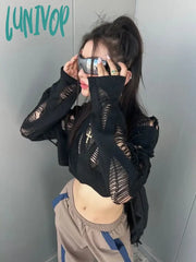Lunivop Sexy Streetwear Crop Black T Shirts Women Y2K Hollow Knitted Cropped Mesh Top Female Goth