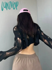 Lunivop Sexy Streetwear Crop Black T Shirts Women Y2K Hollow Knitted Cropped Mesh Top Female Goth