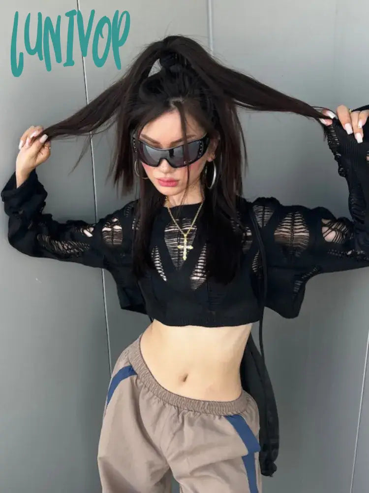 Lunivop Sexy Streetwear Crop Black T Shirts Women Y2K Hollow Knitted Cropped Mesh Top Female Goth