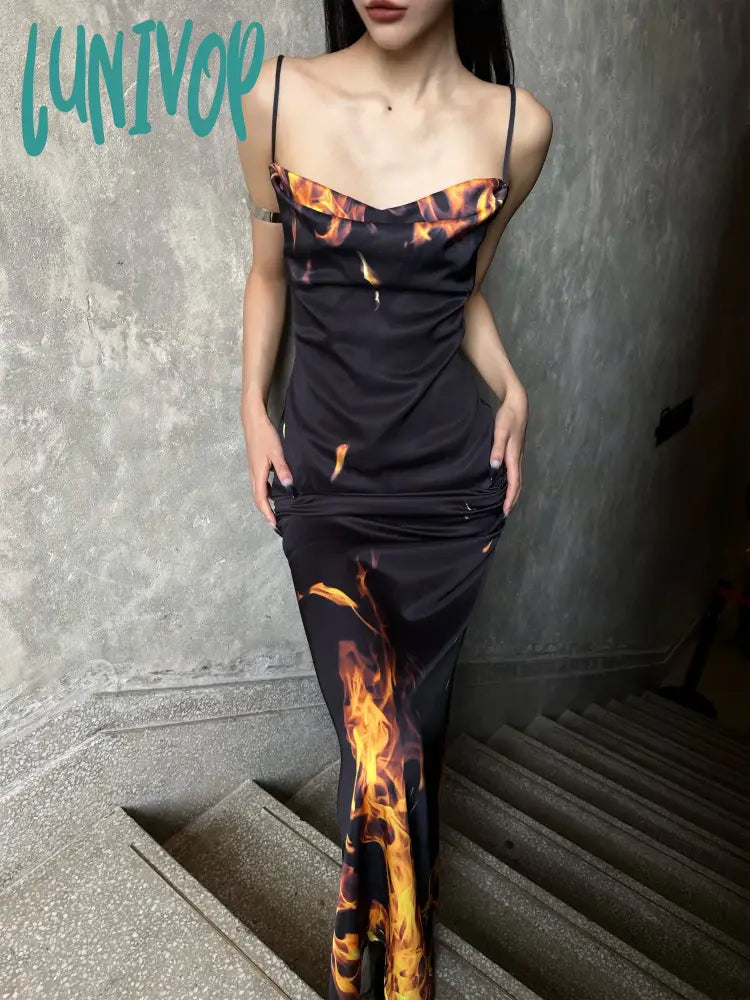 Lunivop Sexy Streetwear Flame Dress Women Pastel Goth Lace-Up Straples Split Emo Alternative