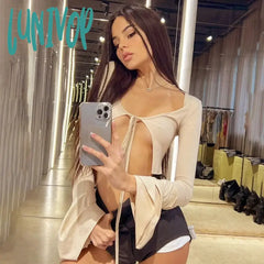 Lunivop Sexy Tie Front Tops For Women Autumn Fashion Club Slim Long Sleeve Cropped Multi Wear Lace