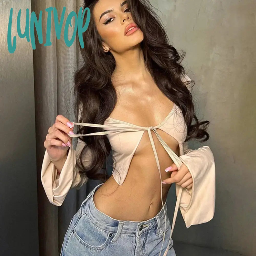 Lunivop Sexy Tie Front Tops For Women Autumn Fashion Club Slim Long Sleeve Cropped Multi Wear Lace