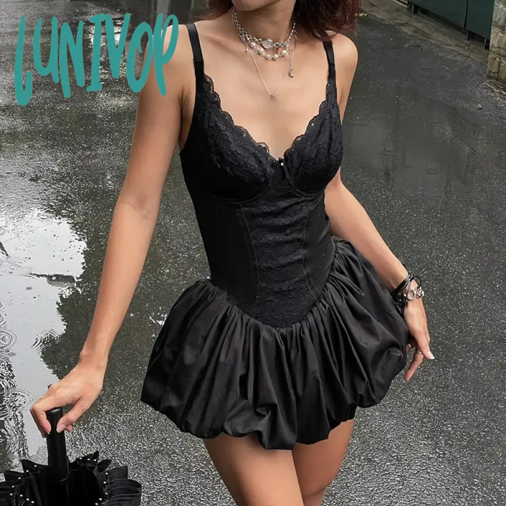 Lunivop Sexy V-Neck Bud Suspender Dress For Women Solid Lace Patchwork Sleeveless High Waisted