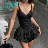 Lunivop Sexy V-Neck Bud Suspender Dress For Women Solid Lace Patchwork Sleeveless High Waisted