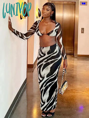 Lunivop Sexy V Neck Club Zebra Stripes Two Pieces Sets Elegant Summer Women Hip Package Skirts