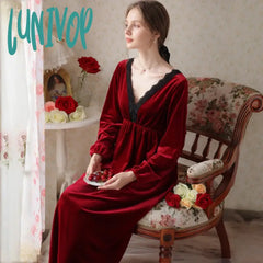 Lunivop Sexy Velvet Long Night Dress Women Autumn Winter Backless Velour Robe Courtly Style Vintage