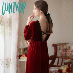 Lunivop Sexy Velvet Long Night Dress Women Autumn Winter Backless Velour Robe Courtly Style Vintage