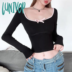 Lunivop Sexy Vintage Lace Trim Bow Knitted Tees Women Y2K Long Sleeve Slim T Shirt Fairy Grunge