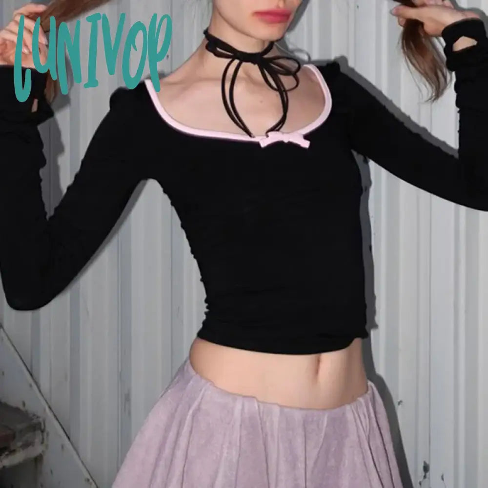 Lunivop Sexy Vintage Lace Trim Bow Knitted Tees Women Y2K Long Sleeve Slim T Shirt Fairy Grunge