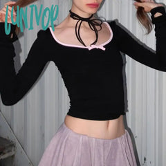 Lunivop Sexy Vintage Lace Trim Bow Knitted Tees Women Y2K Long Sleeve Slim T Shirt Fairy Grunge