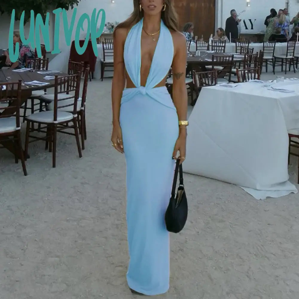 Lunivop Sexy Women Knot Beach One-Piece Dress Summer Deep V Neck Lace Up Halter Elegant Bodycon