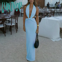 Lunivop Sexy Women Knot Beach One-Piece Dress Summer Deep V Neck Lace Up Halter Elegant Bodycon