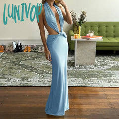 Lunivop Sexy Women Knot Beach One-Piece Dress Summer Deep V Neck Lace Up Halter Elegant Bodycon