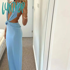 Lunivop Sexy Women Knot Beach One-Piece Dress Summer Deep V Neck Lace Up Halter Elegant Bodycon