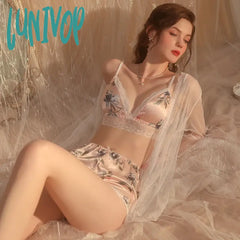 Lunivop Sexy Women Spring Summer Nightgown Lace Temptation Three-Point Mesh Cardigan Robe Home