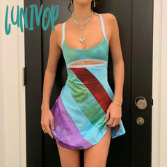 Lunivop Sexy Women Y2K Mini Dresses Vintage Patchwork Beach Summer Backless Dress Elegant Lady Boho