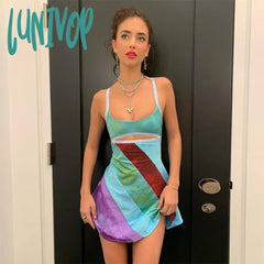 Lunivop Sexy Women Y2K Mini Dresses Vintage Patchwork Beach Summer Backless Dress Elegant Lady Boho