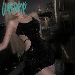 Lunivop Sexy Women’s Metal Chain Halter Neck Dress Fashion Shine Sequin Sleeveless Waist Cutout