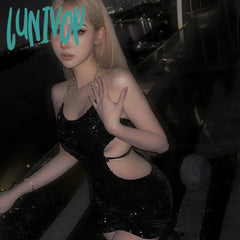 Lunivop Sexy Women’s Metal Chain Halter Neck Dress Fashion Shine Sequin Sleeveless Waist Cutout