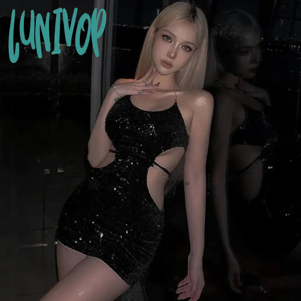 Lunivop Sexy Women’s Metal Chain Halter Neck Dress Fashion Shine Sequin Sleeveless Waist Cutout