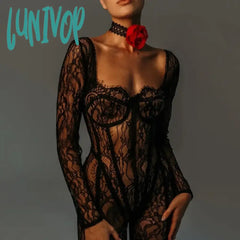 Lunivop Sheer Lace Hollow Out Sexy Jumpsuits Zip Up Backless Outfits Women Unitards Square Neck