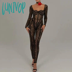 Lunivop Sheer Lace Hollow Out Sexy Jumpsuits Zip Up Backless Outfits Women Unitards Square Neck