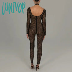 Lunivop Sheer Lace Hollow Out Sexy Jumpsuits Zip Up Backless Outfits Women Unitards Square Neck