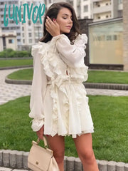 Lunivop Sheer Lace Mesh Dress Women Fashion Deep V Neck Bandage Ruffle Oversized Shirt Femme