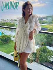 Lunivop Sheer Lace Mesh Dress Women Fashion Deep V Neck Bandage Ruffle Oversized Shirt Femme