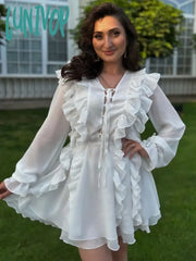 Lunivop Sheer Lace Mesh Dress Women Fashion Deep V Neck Bandage Ruffle Oversized Shirt Femme