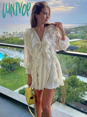 Lunivop Sheer Lace Mesh Dress Women Fashion Deep V Neck Bandage Ruffle Oversized Shirt Femme
