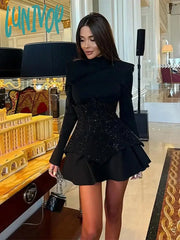 Lunivop Shiny Sequin Patchwork Mini Dress For Women Chic Mock Neck High Waist Long Sleeve A-Line