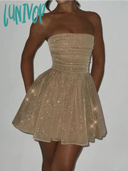 Lunivop Shiny Sequins Evening Dress Women Off Shoulder Slim Ruffle Mini Dresses Lady Party Bow