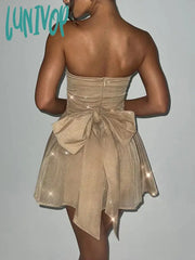 Lunivop Shiny Sequins Evening Dress Women Off Shoulder Slim Ruffle Mini Dresses Lady Party Bow