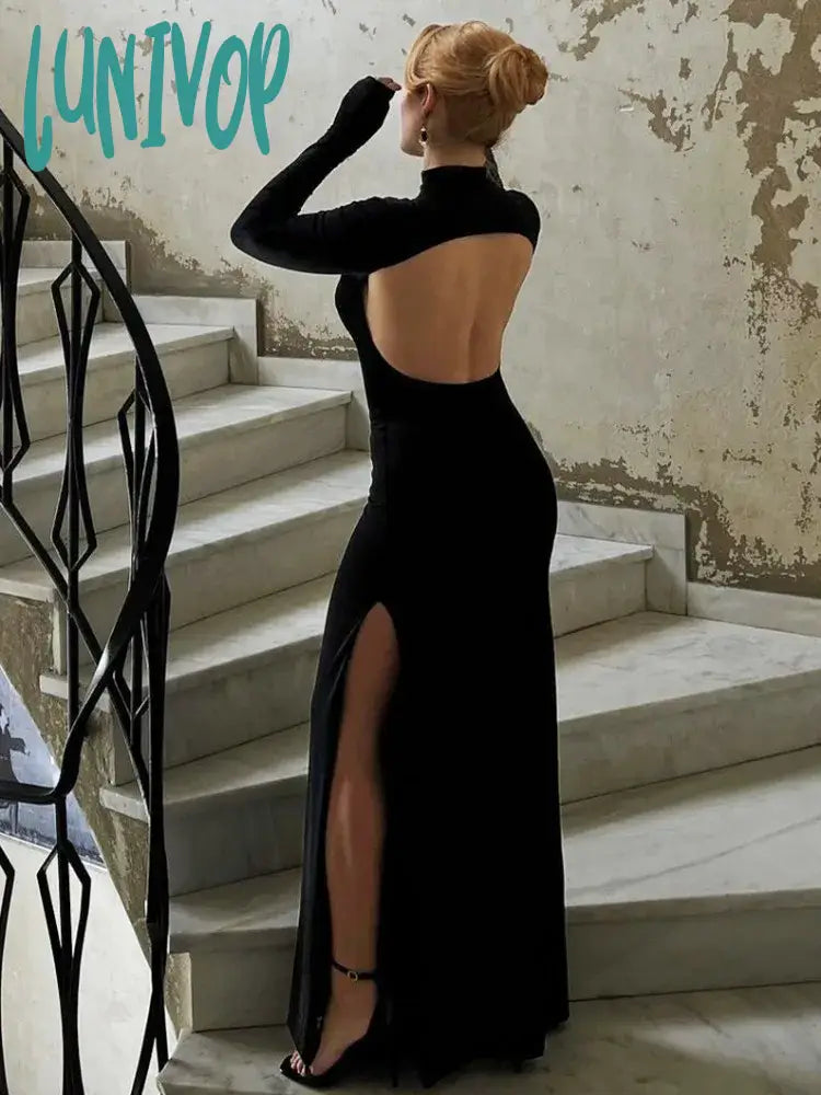 Lunivop Side Slit Back Dress Women Sexy Backless Temperament Long Sleeve Dresses Lady Party Elegant