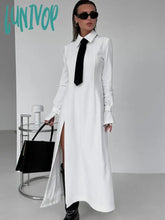 Lunivop Side Slit Long Dress For Women White Elegant Turn Collar Tie Midi Dresses Femme 2024 New