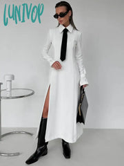 Lunivop Side Slit Long Dress For Women White Elegant Turn Collar Tie Midi Dresses Femme 2024 New