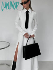 Lunivop Side Slit Long Dress For Women White Elegant Turn Collar Tie Midi Dresses Femme 2024 New