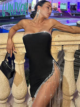 Lunivop Side Split Mini Dress For Women Rhinestones Tassels Sexy Dresses Ladies Club Party Fashion