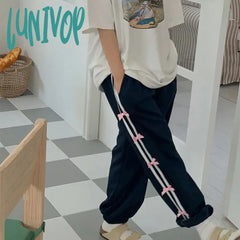 Lunivop Side Striped Bow Drawstring Sweatpants Women High Waist Baggy Pants For Girls Y2K Streetwear